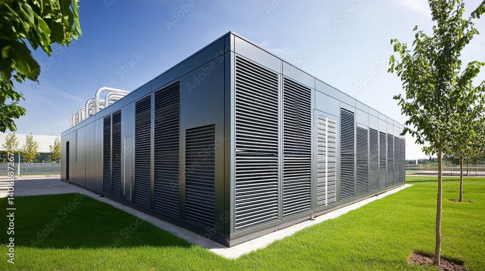 Exterior shot of a data center with massive HVAC cooling units along the walls, ensuring server safety Exterior shot of a data center with massive HVAC cooling units along the walls, ensuring server safety