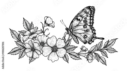 Wallpaper Mural Butterfly perched on flowers in a detailed line art style   Torontodigital.ca