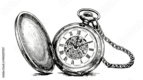 Hand-Drawn Vintage Pocket Watch with Detailed Gears  