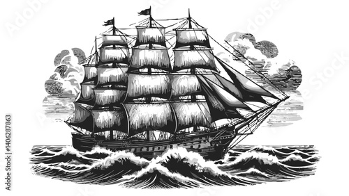 Vintage sailing ship illustration navigating turbulent seas  