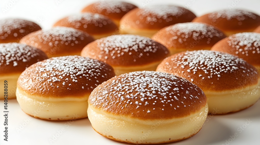 A close-up shot reveals a dozen golden-brown sugared doughnuts arranged neatly on a pristine white surface ready to be enjoyed. A close-up shot reveals a dozen golden-brown sugared doughnuts arranged neatly on a pristine white surface ready to be enjoyed.