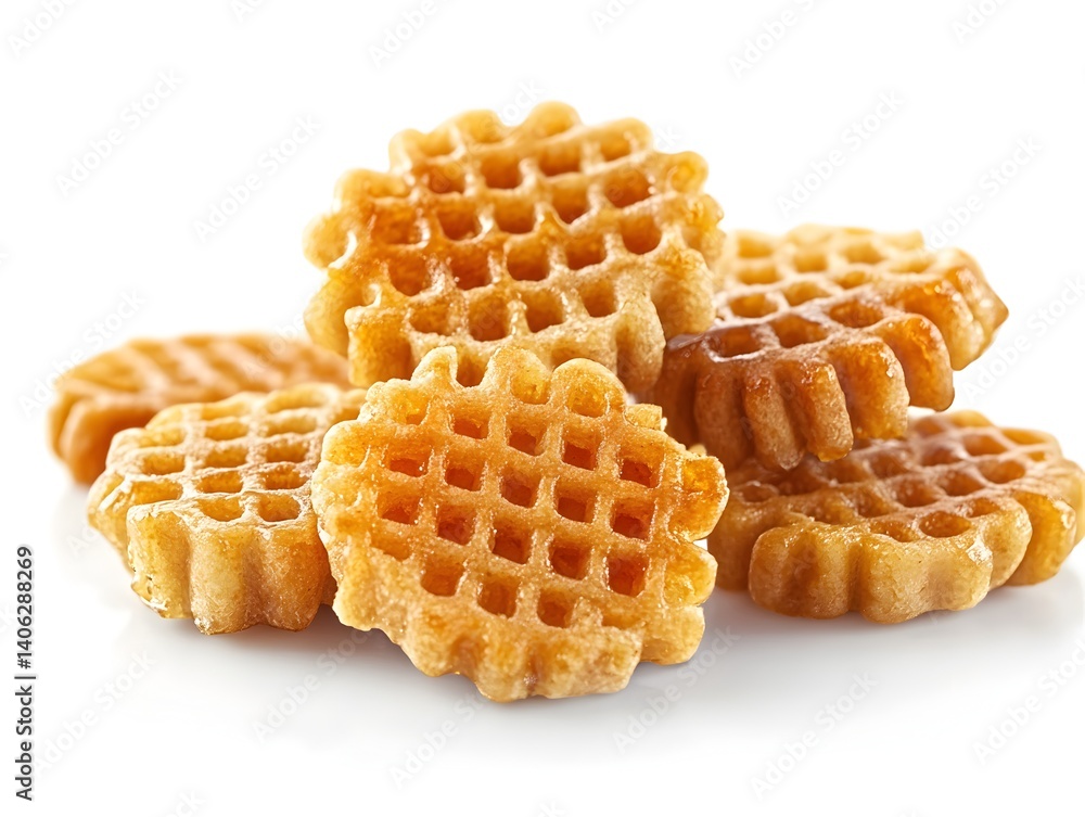 A delicious pile of golden brown mini waffles sits on a bright white background perfect for a food blog or cookbook. A delicious pile of golden brown mini waffles sits on a bright white background perfect for a food blog or cookbook.