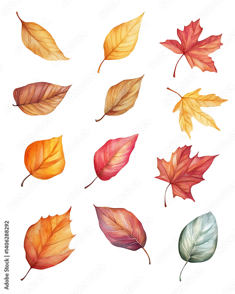 Fototapeta premium illustrations of various trees, leaves, grasses, and botanical elements on white background.