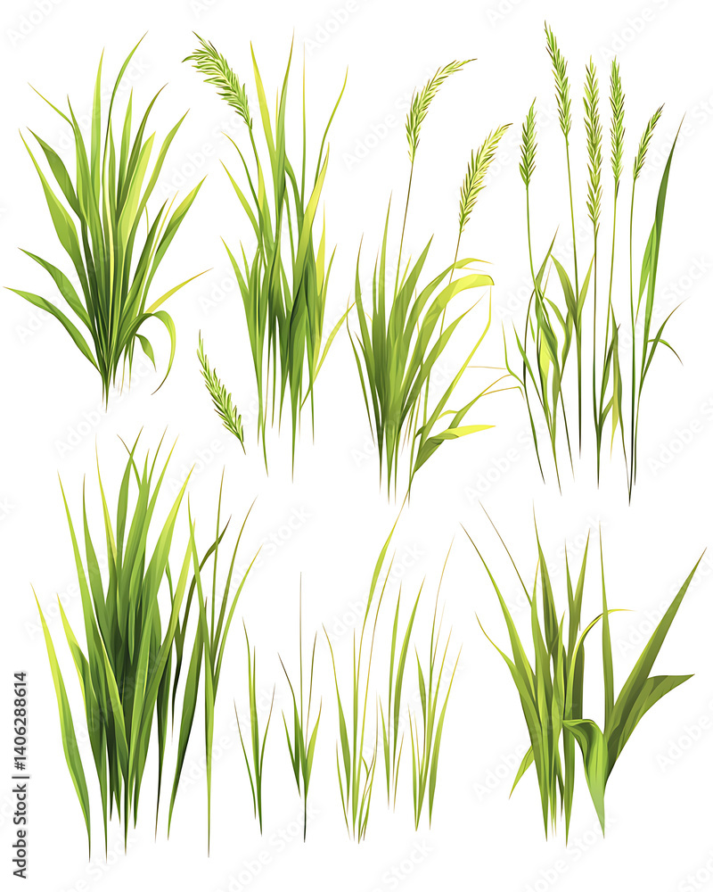 Fototapeta premium illustrations of various trees, leaves, grasses, and botanical elements on white background.