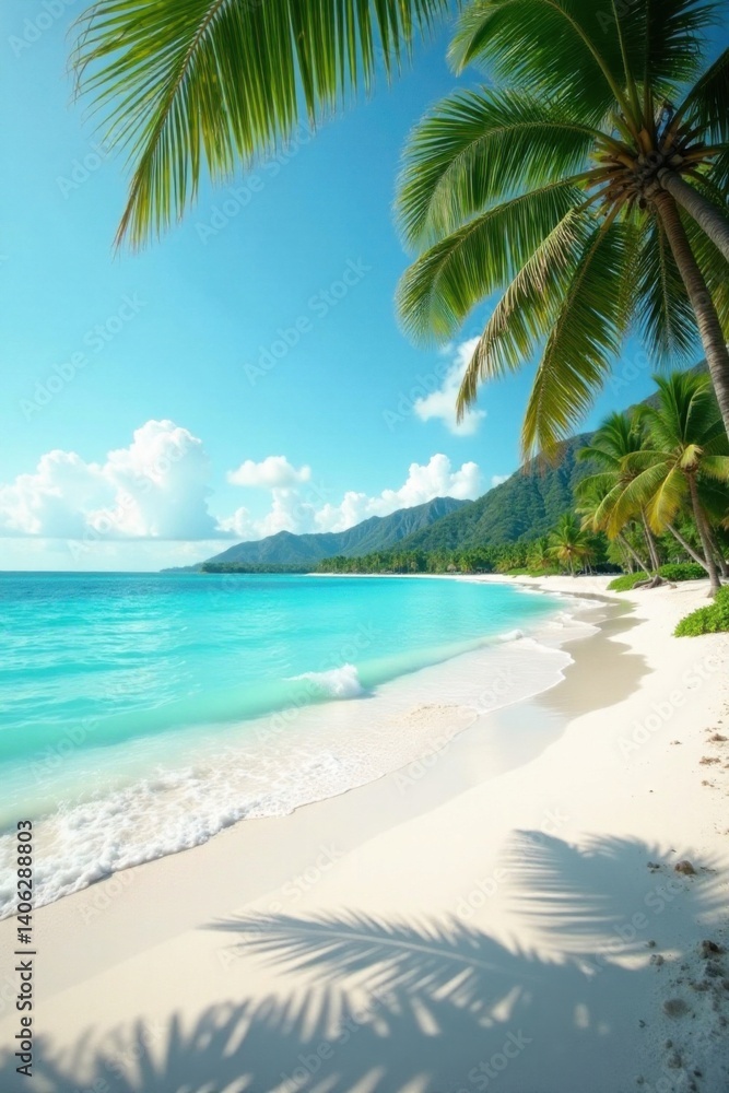 Fototapeta premium Softly glowing turquoise ocean wave on white sandy beach with palm trees, serenity, calming, natural