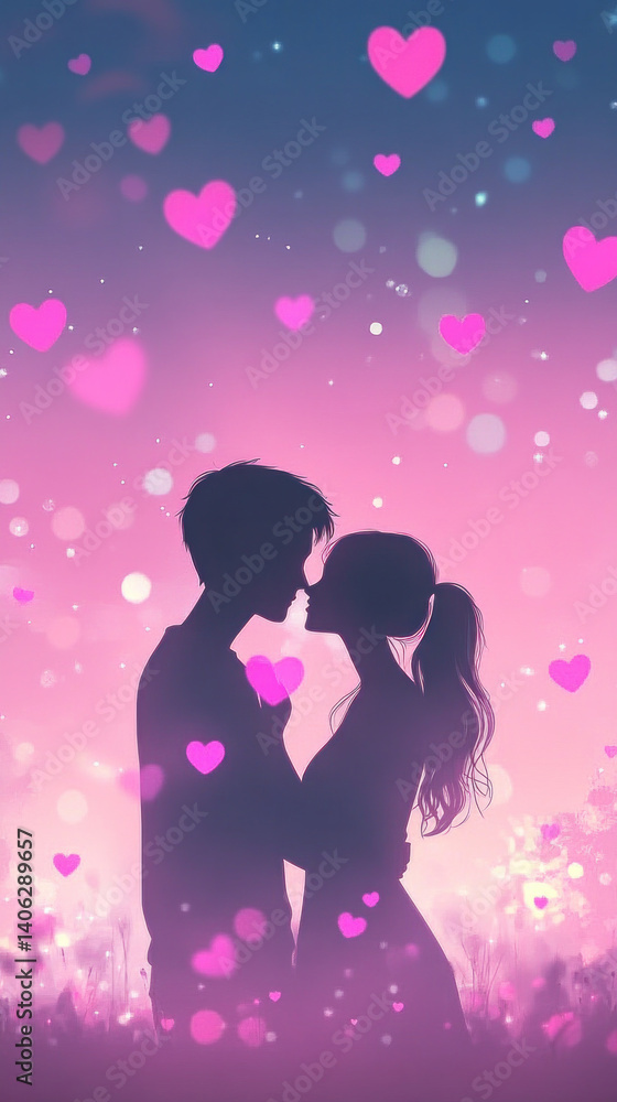 A couple is shown in a romantic scene with hearts surrounding them. Concept of love and affection between the two people A couple is shown in a romantic scene with hearts surrounding them. Concept of love and affection between the two people