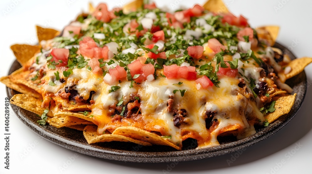 A delicious plate of nachos topped with melted cheese, seasoned ground beef, tomatoes, onions, and cilantro. A delicious plate of nachos topped with melted cheese, seasoned ground beef, tomatoes, onions, and cilantro.