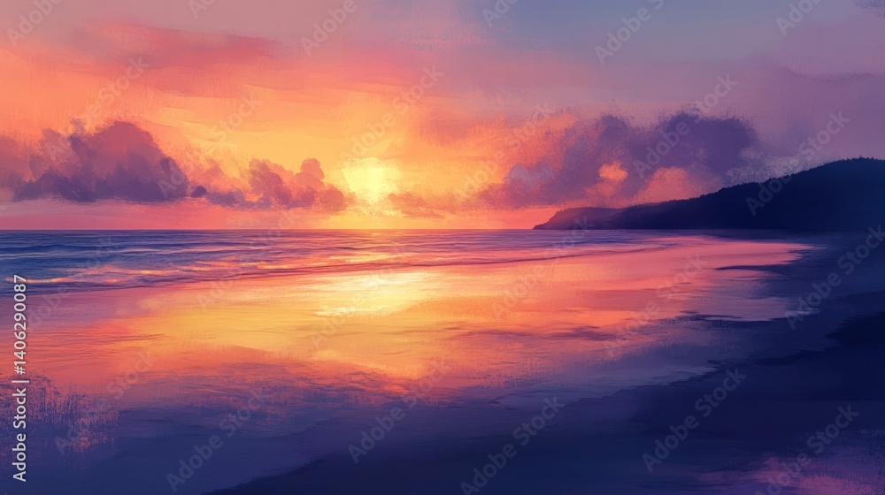 Painted seascape depicting a fiery sunset with tranquil reflections Painted seascape depicting a fiery sunset with tranquil reflections