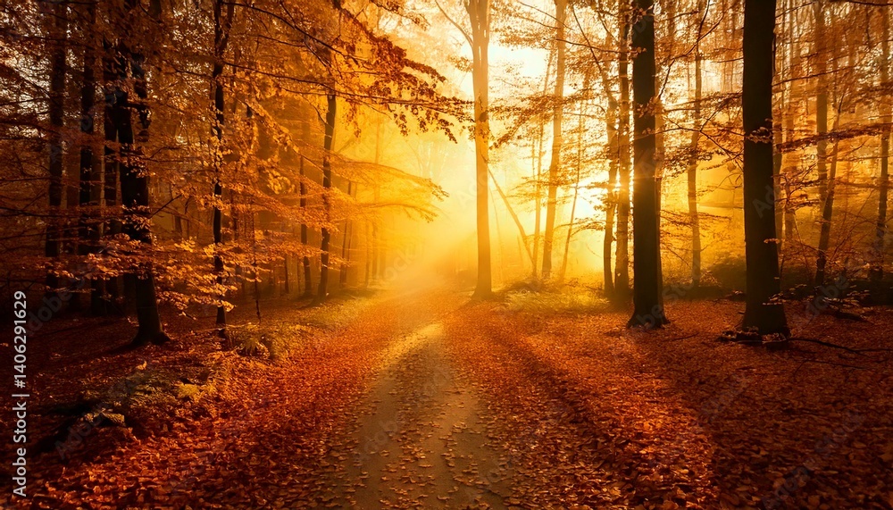 path through a golden forest at sunrise with fog and warm light path through a golden forest at sunrise with fog and warm light