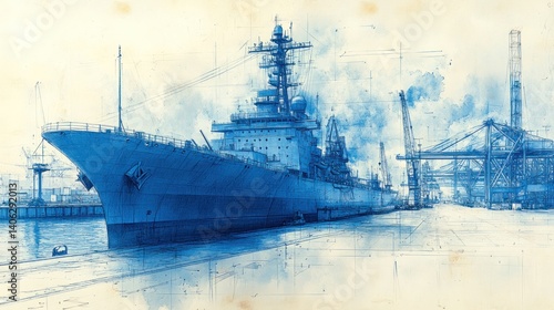 Majestic Warship Docked at a Busy Port: A Blue Hue Masterpiece