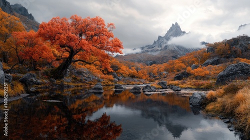 Wallpaper Mural Autumnal landscape painting vibrant orange tree impressionistic style nature scene Torontodigital.ca