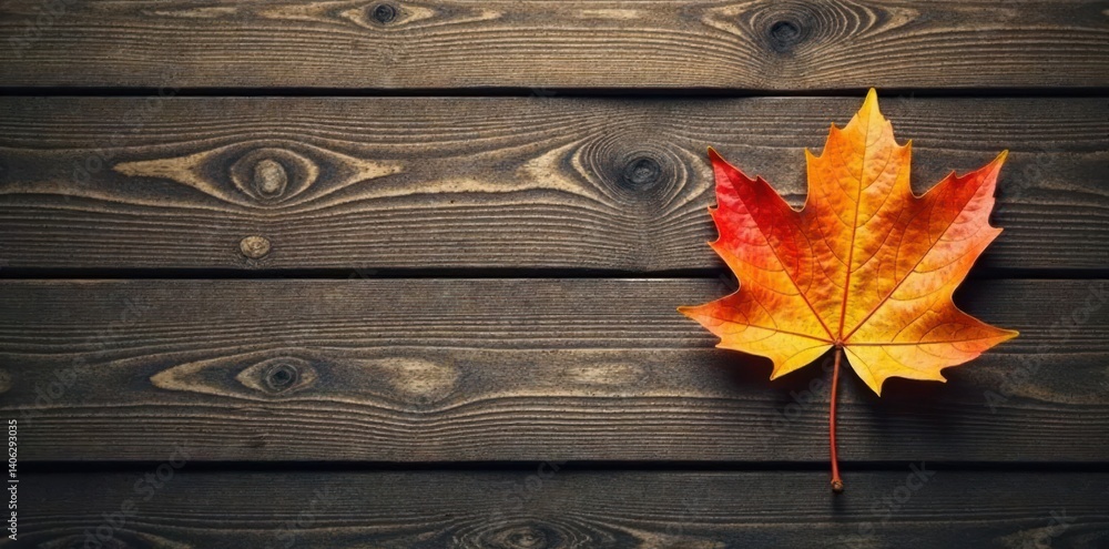 Obraz premium Rustic wooden plank background with a single fallen leaf, earthy tones, forest