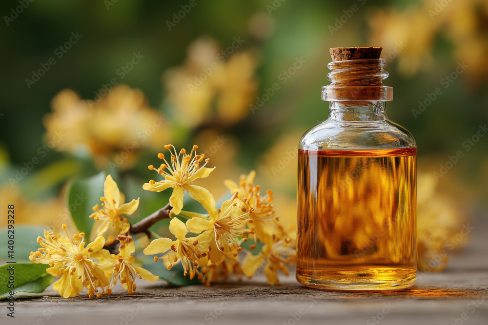 A bottle of oil is on a table next to some flowers A bottle of oil is on a table next to some flowers
