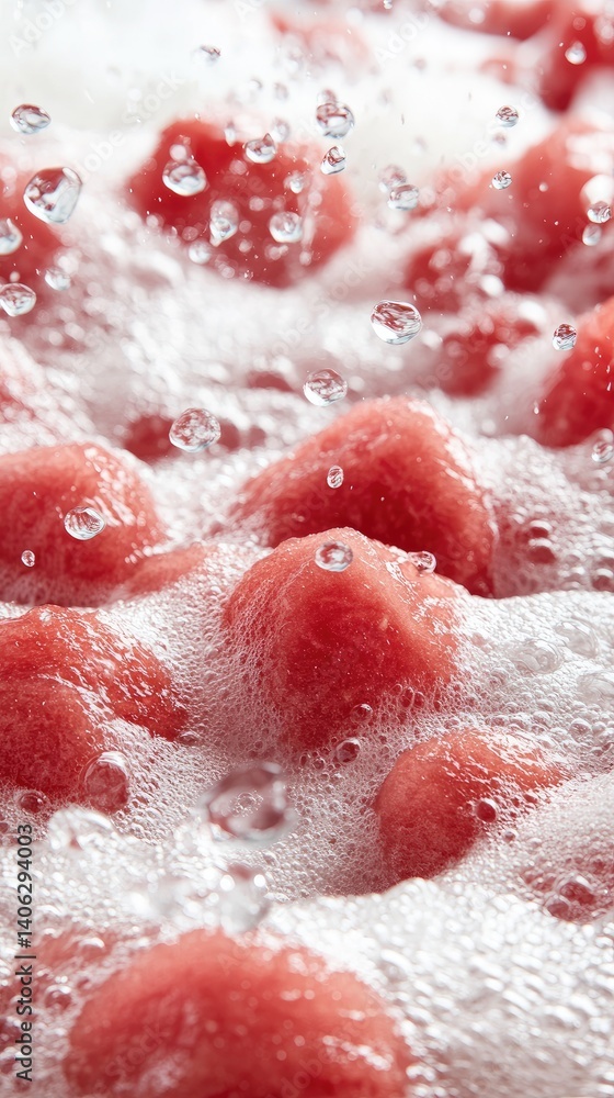 Fototapeta premium Red fruit cubes floating in water refreshing ingredient close up