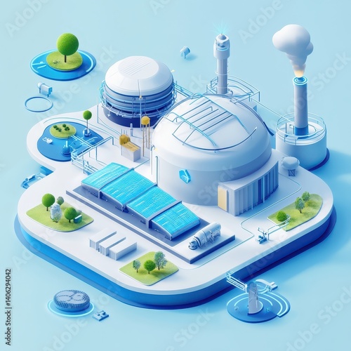Futuristic biogas plant in stylized isometric 3D, blue energy effects, floating eco-gardens, bright color scheme 