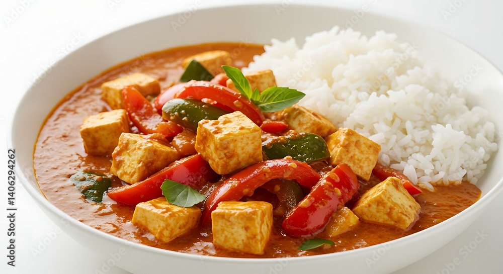 Serving of Tofu Curry with Rice and Colorful Peppers on White Plate Serving of Tofu Curry with Rice and Colorful Peppers on White Plate