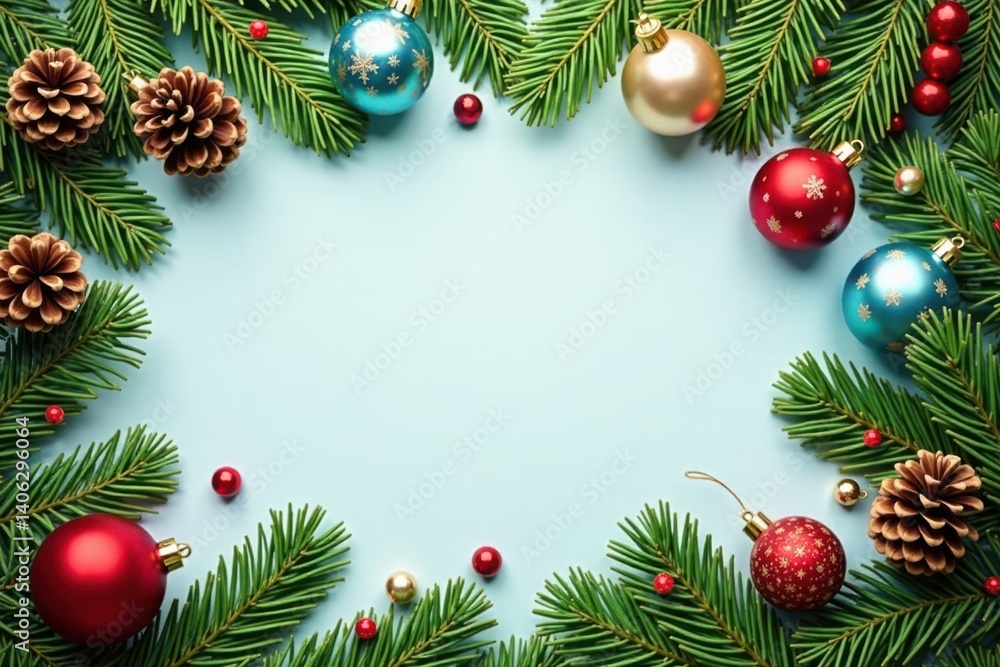 Evergreen branches with pinecones and ornaments, festive atmosphere, winter wonderland, holiday decoration Evergreen branches with pinecones and ornaments, festive atmosphere, winter wonderland, holiday decoration