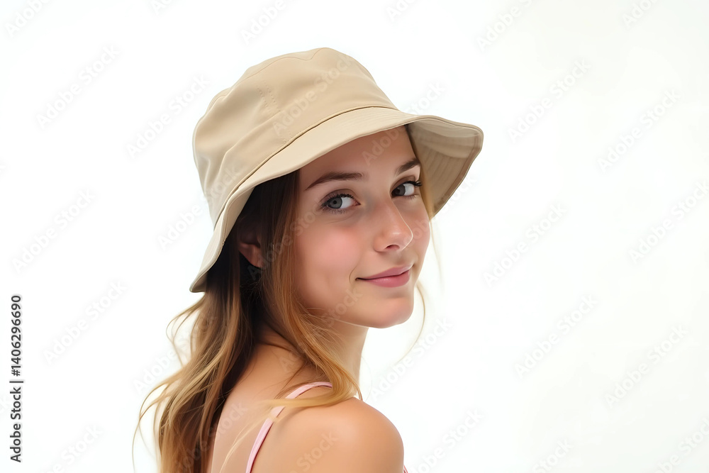 Teenage girl in beige bucket hat for street fashion shoot Teenage girl in beige bucket hat for street fashion shoot