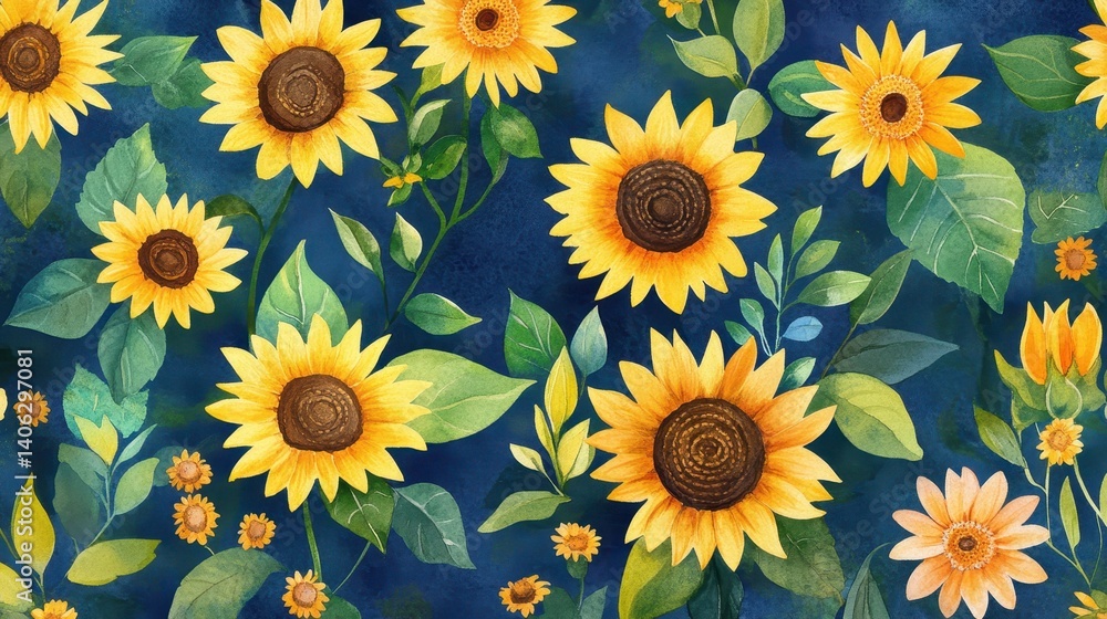 Obraz premium Lush botanical watercolor artwork of tightly packed sunflowers, detailed petals and foliage, clean high-res design 