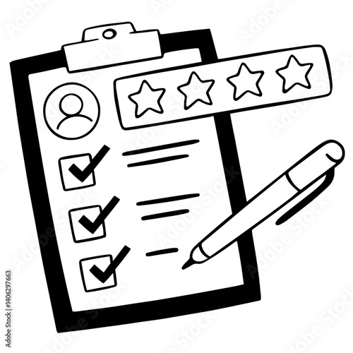 Summary, checklist, feedback form with check marks, pen and star rating, service quality and customer experience ratings, feedback and task monitoring