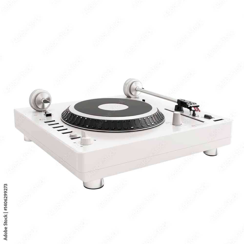 Fototapeta premium Spinning vinyl action white turntable cutout background studio setup modern vibe top-down view