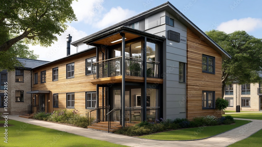 Modern two-story building with wood siding, balcony, and landscaping Modern two-story building with wood siding, balcony, and landscaping
