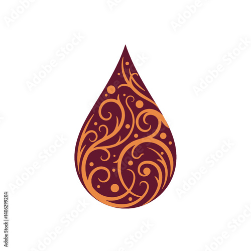 Stylized brown drop shape with golden decorative ornament and floral design