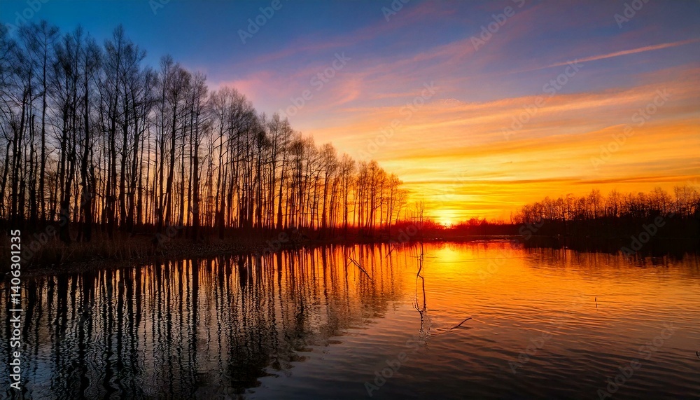 Fototapeta premium Sunset with bare tree forest reflected on water and blazing orange-colored nightfall 
