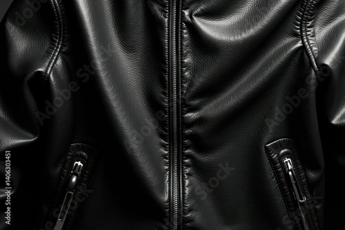 Black leather jacket with subtle grain and sheen, shiny surface , fashion, shiny