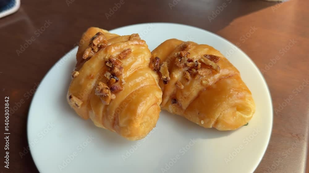 delicious caramel croissant two pieces on a white plate cafe restaurant fresh pastries dessert breakfast flour delicious caramel croissant two pieces on a white plate cafe restaurant fresh pastries dessert breakfast flour