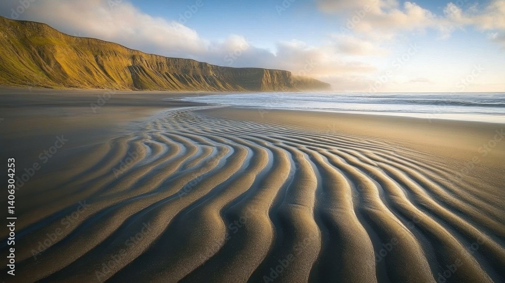 Fototapeta premium Ocean waves forming rhythmic patterns on a smooth, untouched beach under morning light