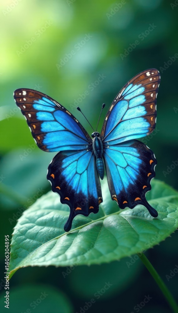 Naklejka premium Blue watercolor butterfly on a leaf surface, leaf, surface