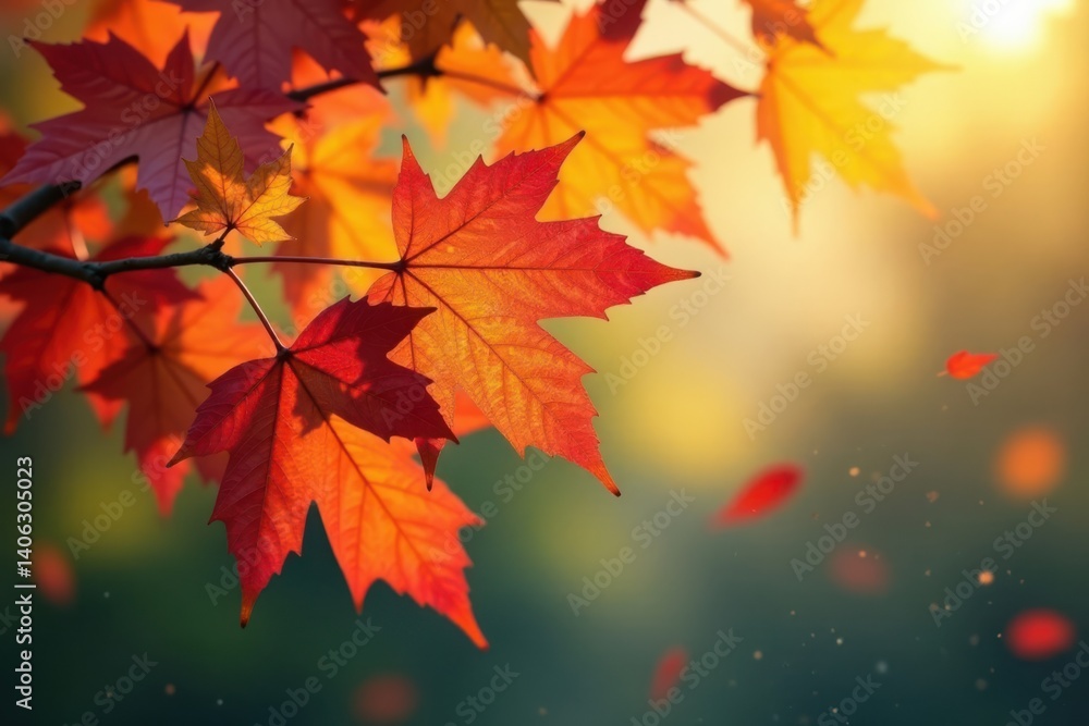 Autumn branch with colorful leaves swaying gently in the breeze, tree, autumnal Autumn branch with colorful leaves swaying gently in the breeze, tree, autumnal