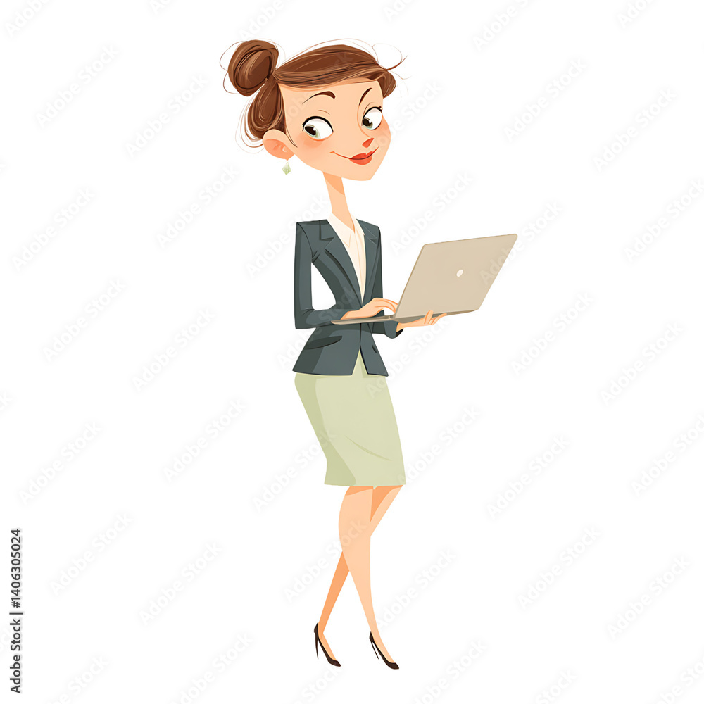 Cartoon businesswoman holding a laptop and looking to the side with a confident smile. Cartoon businesswoman holding a laptop and looking to the side with a confident smile.