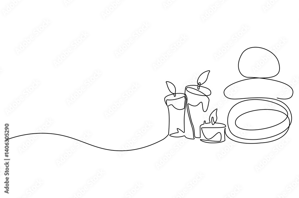 Continuous one line drawing of Candle and stones. Single line drawing illustration of Stones and candle. Wellness and spa treatment concept vector art. Doodle line illustration. Continuous one line drawing of Candle and stones. Single line drawing illustration of Stones and candle. Wellness and spa treatment concept vector art. Doodle line illustration.