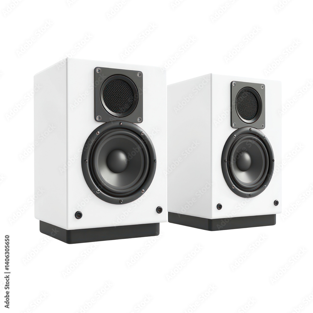 Naklejka premium Dynamic sound performance with white speakers home studio digital artwork modern setting clean cutout background