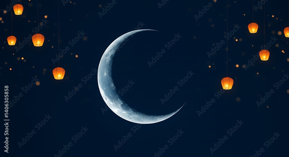 Naklejka premium Crescent Moon Night: Serene Sky with Glowing Lanterns
