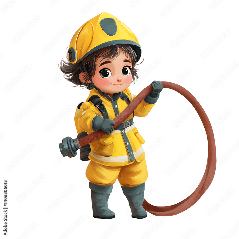 Child firefighter stands holding a fire hose with a helmet and protective gear. Child firefighter stands holding a fire hose with a helmet and protective gear.