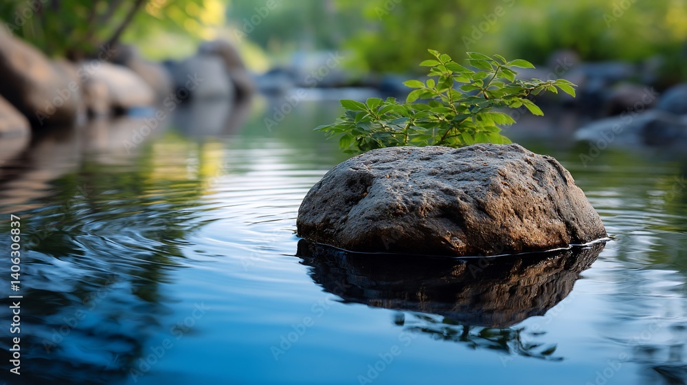 Serene riverside scene; small plant sprouts atop smooth rock in calm water