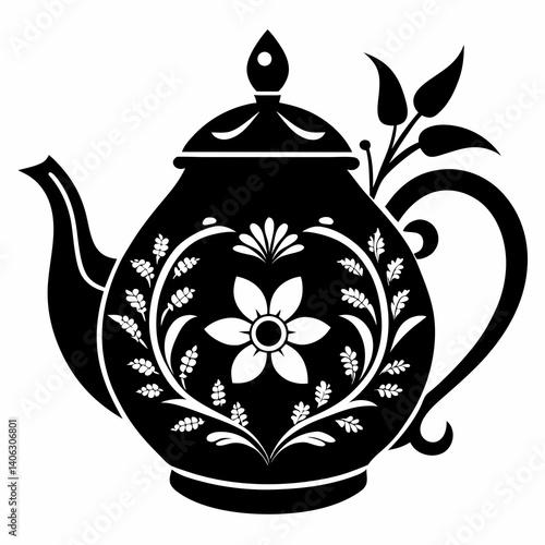 Black Silhouette of a Decorative Floral Teapot Vector Illustration