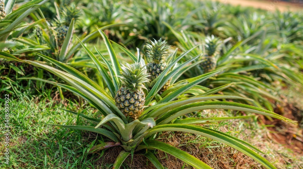 Obraz premium Close-up of ripe pineapple fruit with spiky green leaves growing in tropical field under sunlight on a summer day, surrounded by young pineapple plants and lush grass in vibrant natural daylight scene