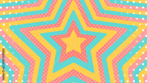 同心状の星とハーフトーンのドット、ドットのパターン背景、ポップなデザイン、装飾的な放射型図形