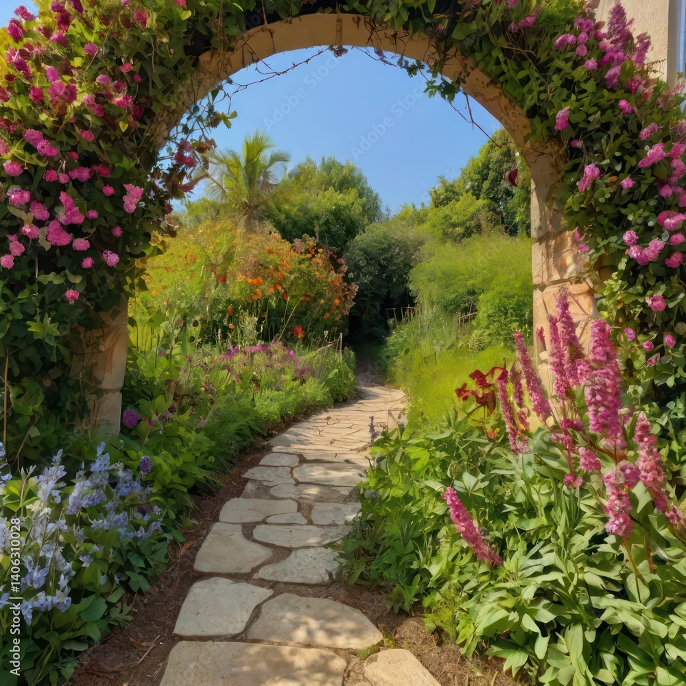 Footpath under a beautiful arch of flowers and plants. Footpath under a beautiful arch of flowers and plants.