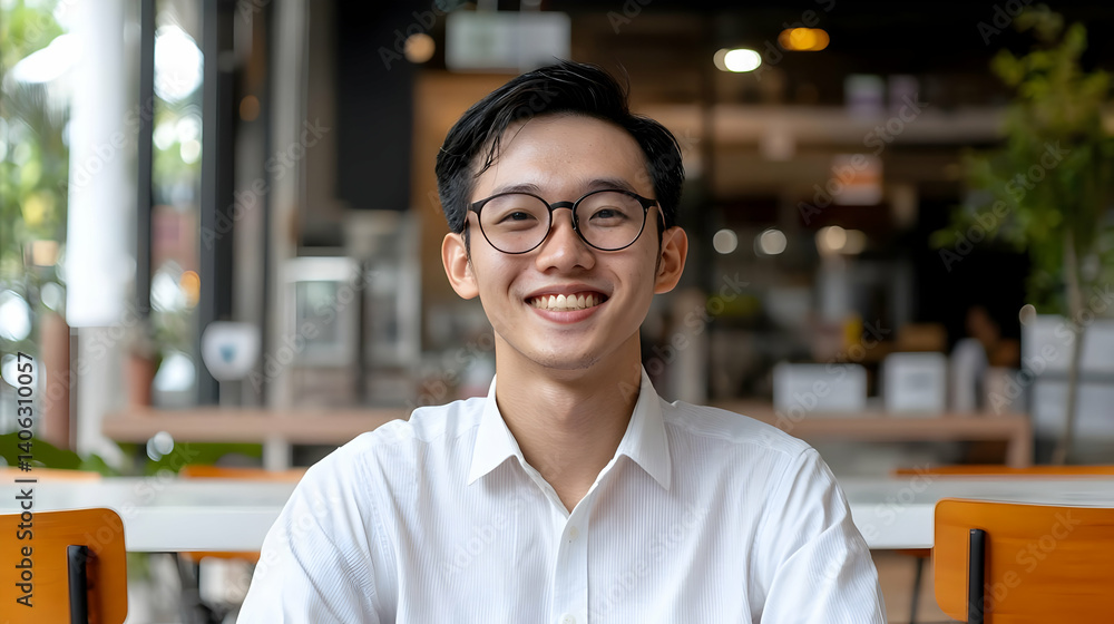 Fototapeta premium Portrait Of A Smiling Young Asian Man Wearing Glasses And A White Shirt Sitting At A Table With A Blurred Cafe Background
