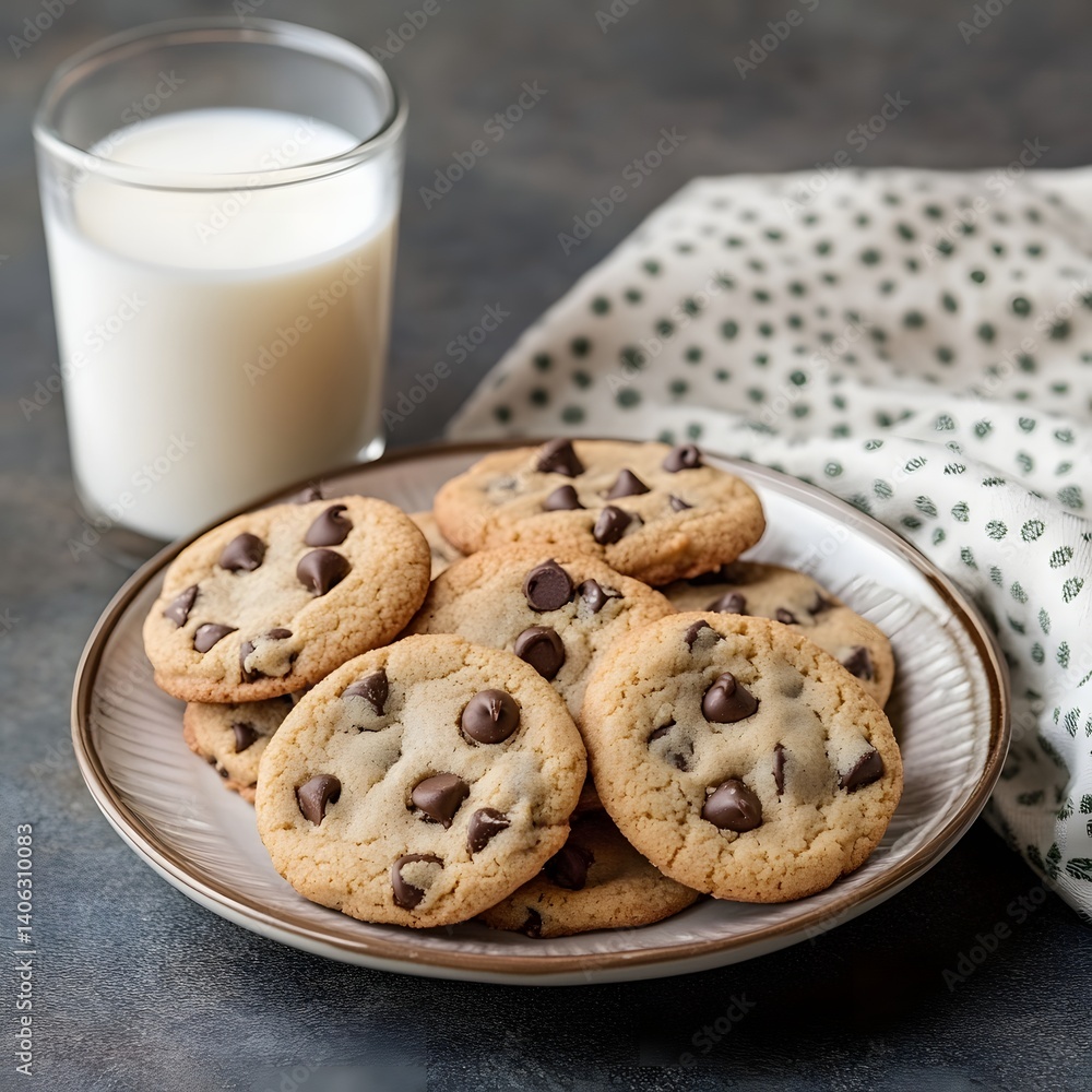 Chocolate chip cookies on plate with milk Chocolate chip cookies on plate with milk