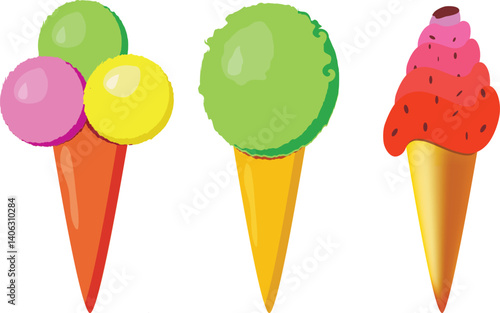 ice cream set three pieces on white background in waffle cups