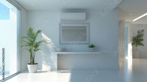 White AC unit in contemporary hallway above minimalist console table and decorative mirror