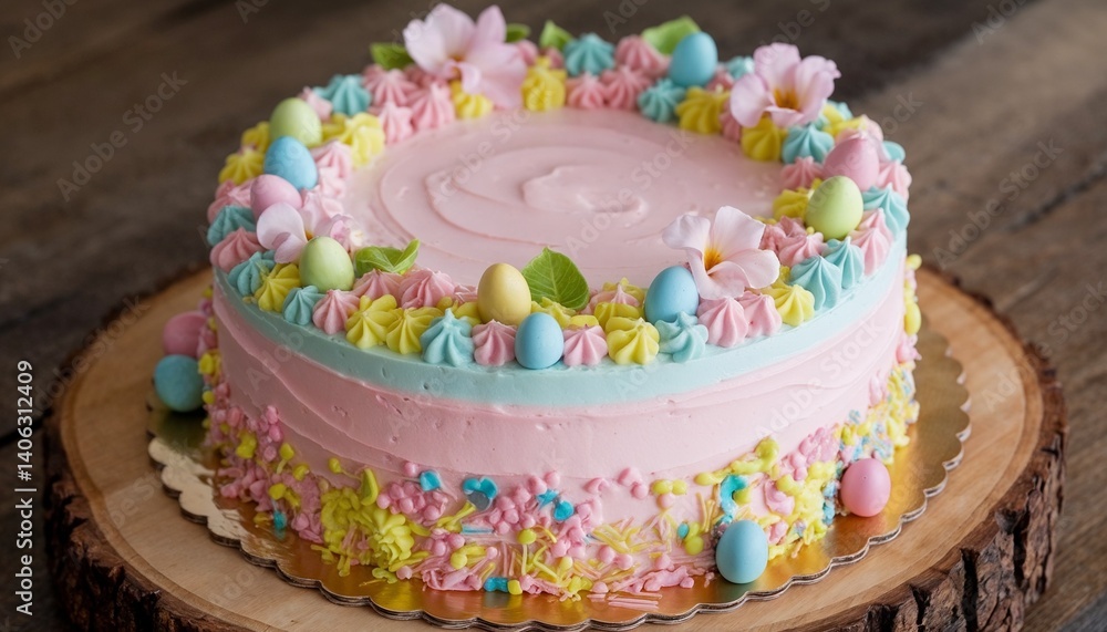 Festive Easter cake with pastel frosting and edible flowers on a wooden serving board Festive Easter cake with pastel frosting and edible flowers on a wooden serving board