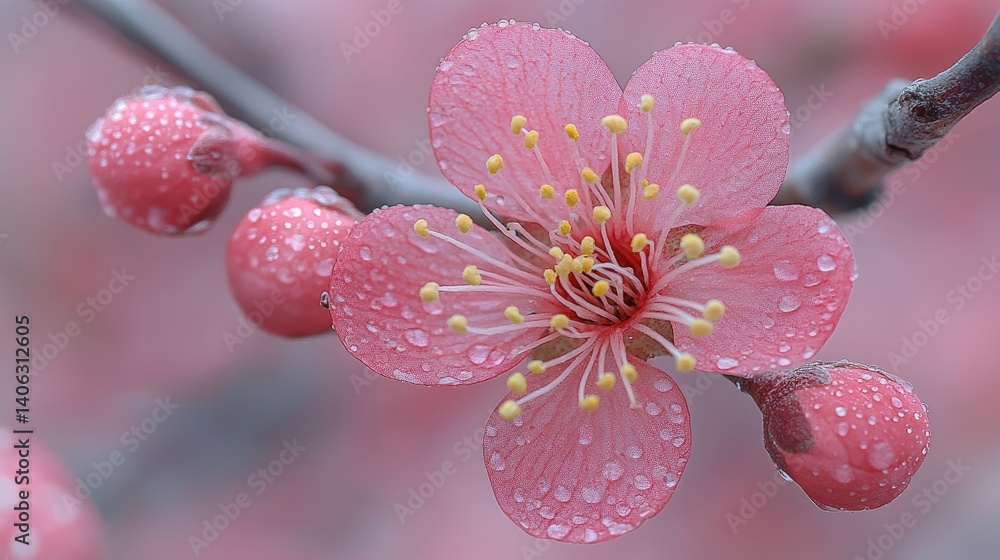 Delicate pink blossom with tiny droplets, framed by soft, blurred buds and branches Delicate pink blossom with tiny droplets, framed by soft, blurred buds and branches