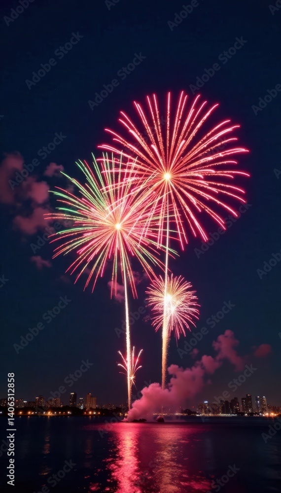 New Year fireworks exploding in the night sky, Bright Lights, Party Atmosphere New Year fireworks exploding in the night sky, Bright Lights, Party Atmosphere